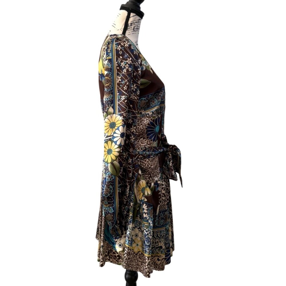 Blu Studio Womens Dress Italian Patchwork Floral Long Sleeve Satin Boho Size S - Picture 2 of 6